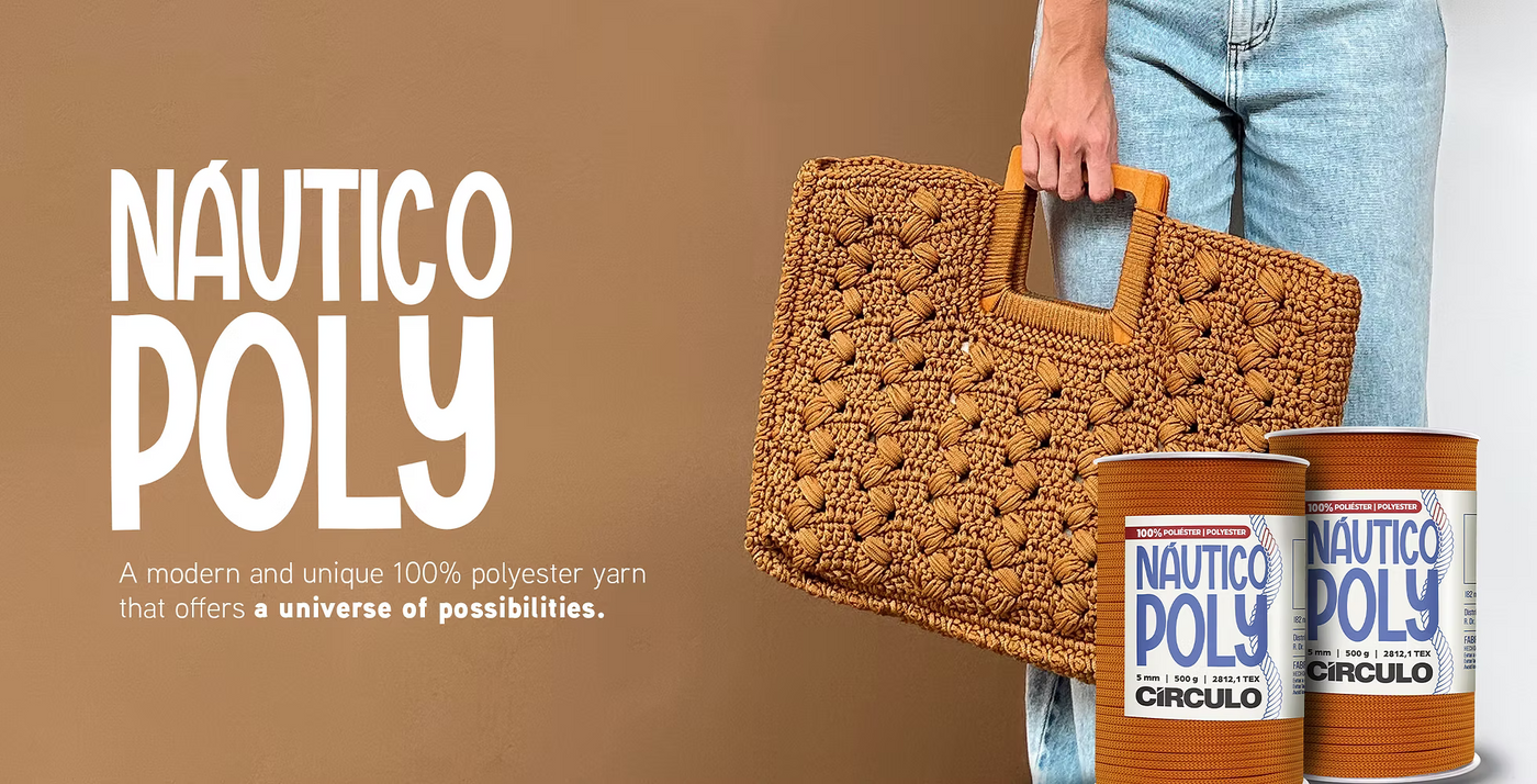 Brown woven bag held by a person with 'Nautico Poly' text and product containers on a brown background.