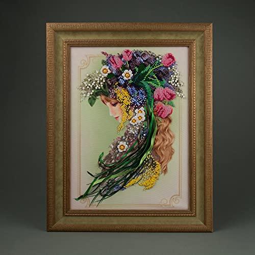 Spring Bead Embroidery kit, showcasing a colorful tapestry design with detailed beadwork, perfect for cross-stitch enthusiasts
